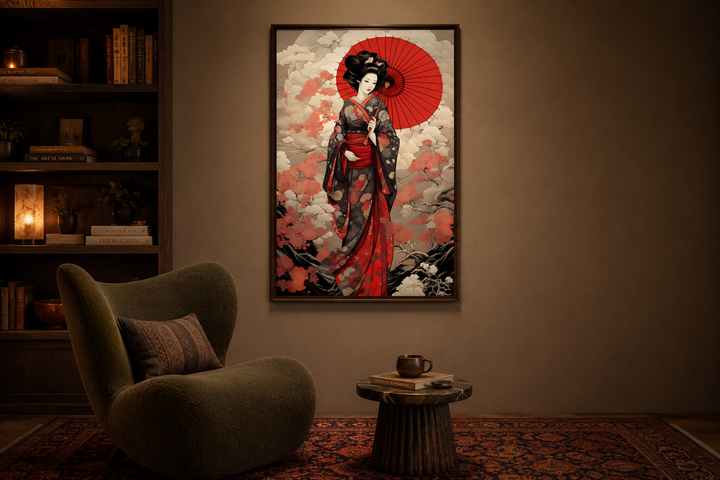 Ukiyo-e style geisha with a red umbrella framed canvas wall art in a cozy, modern living room.