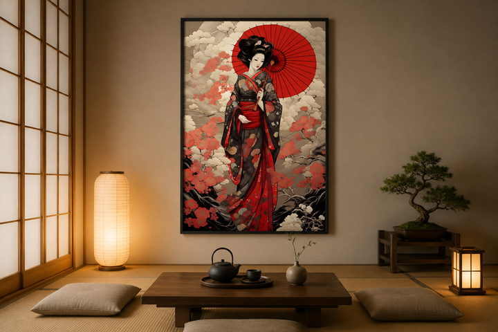 Ukiyo-e style geisha with a red umbrella framed canvas wall art in a Japanese-style room.