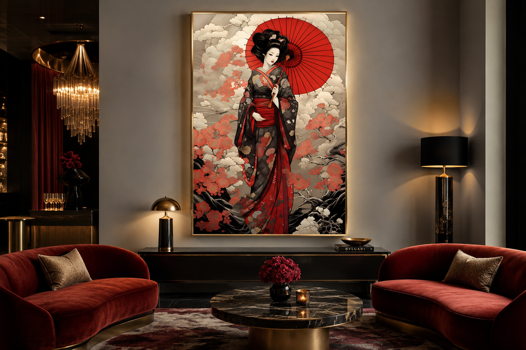 Ukiyo-e style framed canvas wall art of a geisha with a red umbrella in a modern living room.