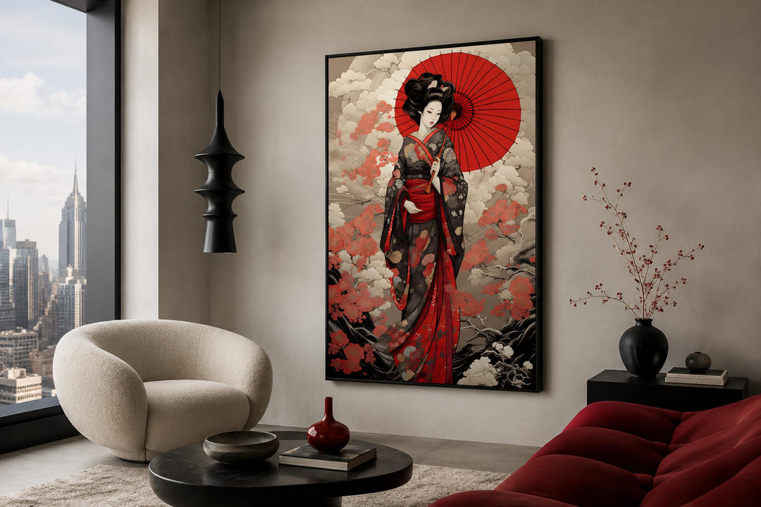 Ukiyo-e style geisha with a red umbrella framed canvas wall art in a modern living room setting.