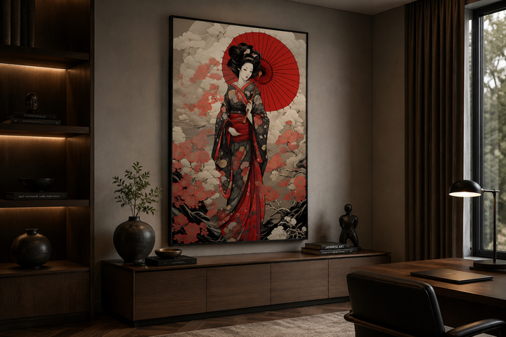 Ukiyo-e style geisha with a red umbrella framed canvas wall art in a modern office setting.