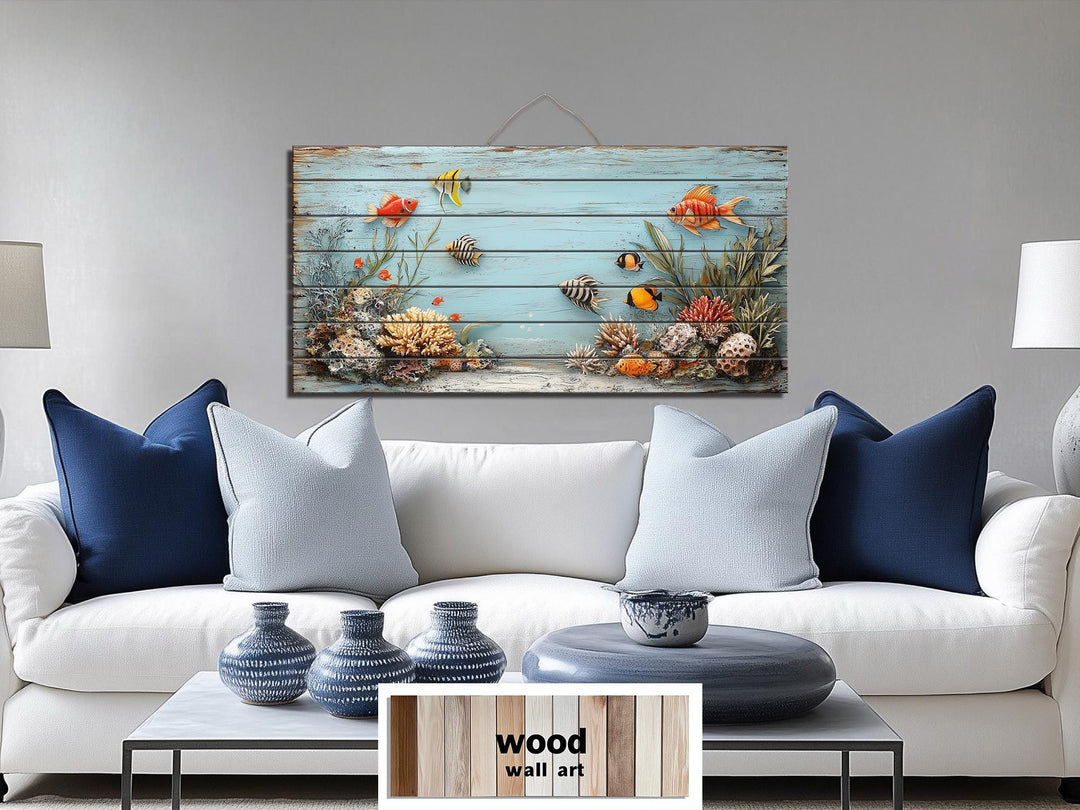 Underwater Coral Reef Distressed Wood Wall Art