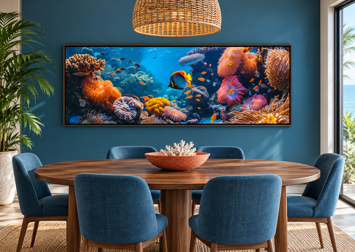 Underwater coral reef narrow horizontal framed canvas wall art in a coastal dining room.