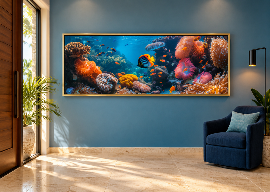 Underwater coral reef narrow horizontal framed canvas wall art in a gold frame on a blue wall.