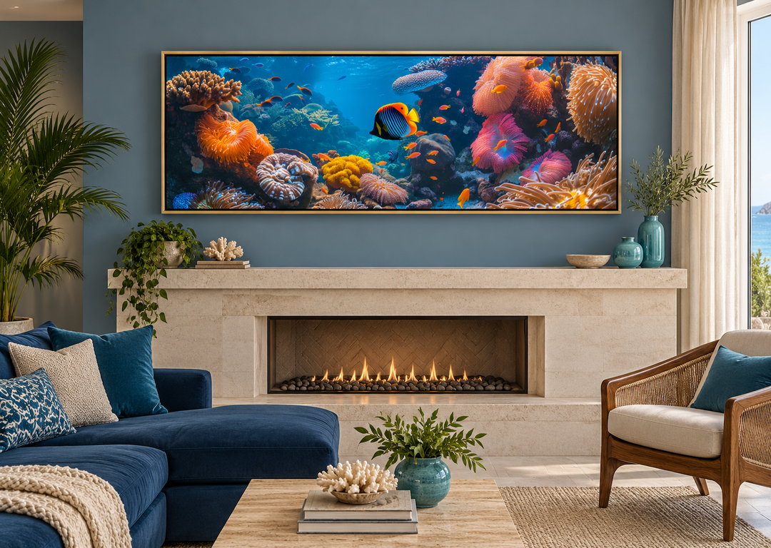 Underwater coral reef narrow horizontal framed canvas wall art above a fireplace in a living room.