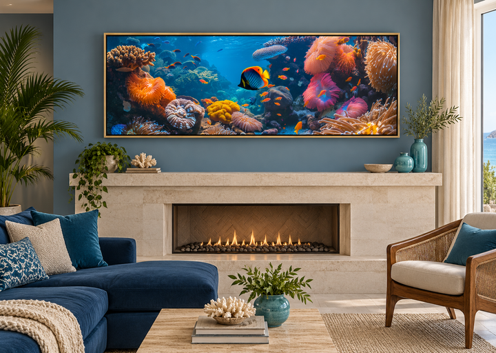 Underwater coral reef narrow horizontal framed canvas wall art above a fireplace in a living room.