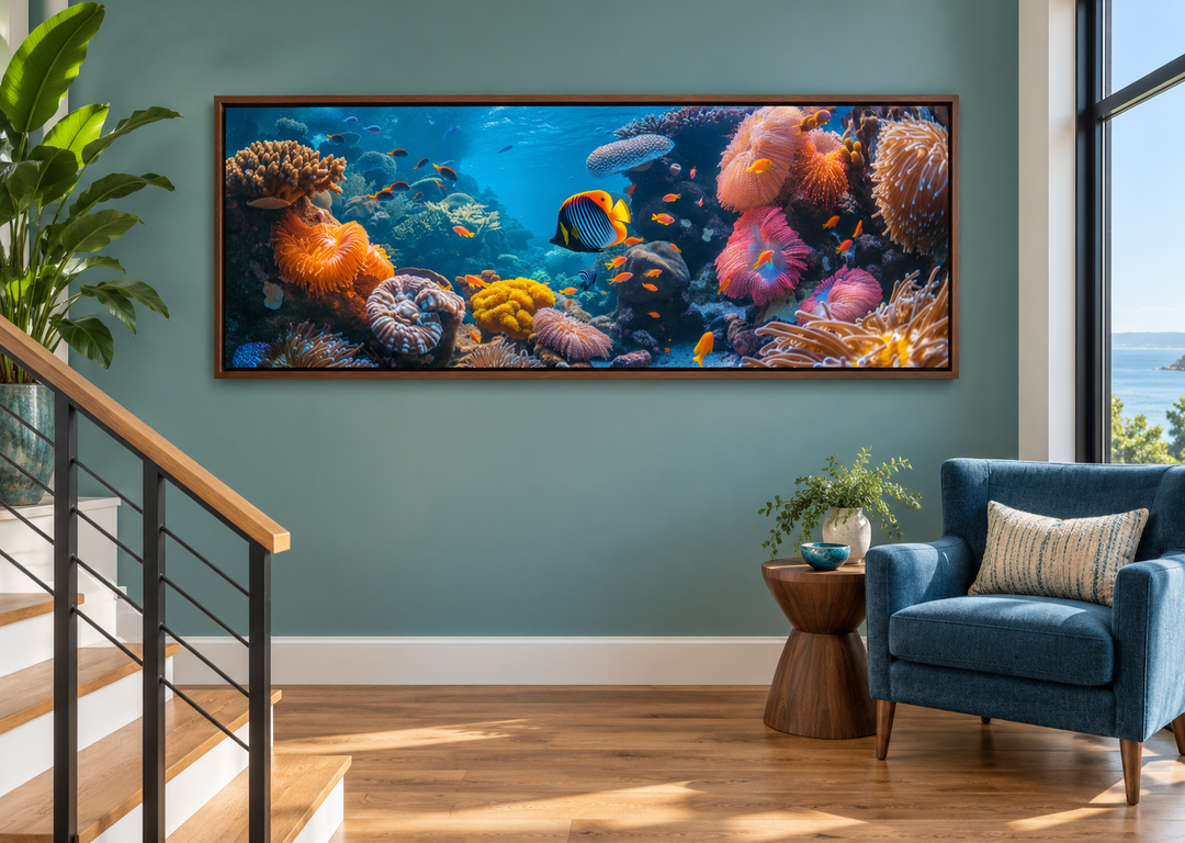 Underwater coral reef narrow horizontal framed canvas wall art in a walnut frame on a teal wall.