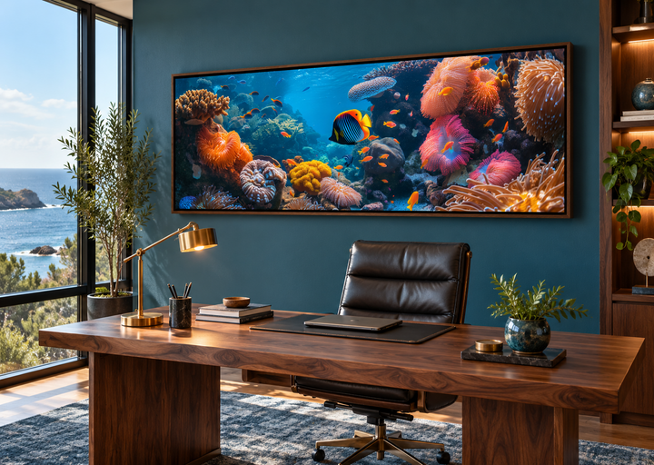 Underwater coral reef narrow horizontal framed canvas wall art above a desk in a modern office.