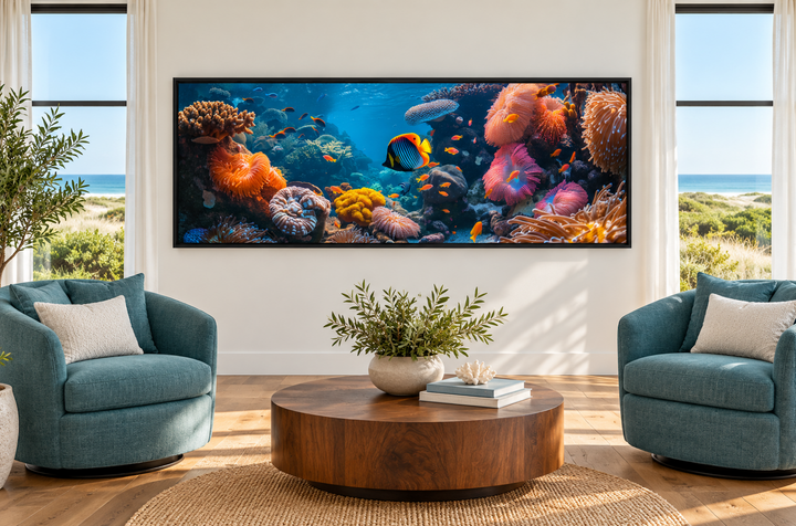 Underwater coral reef narrow horizontal framed canvas wall art in a coastal living room.