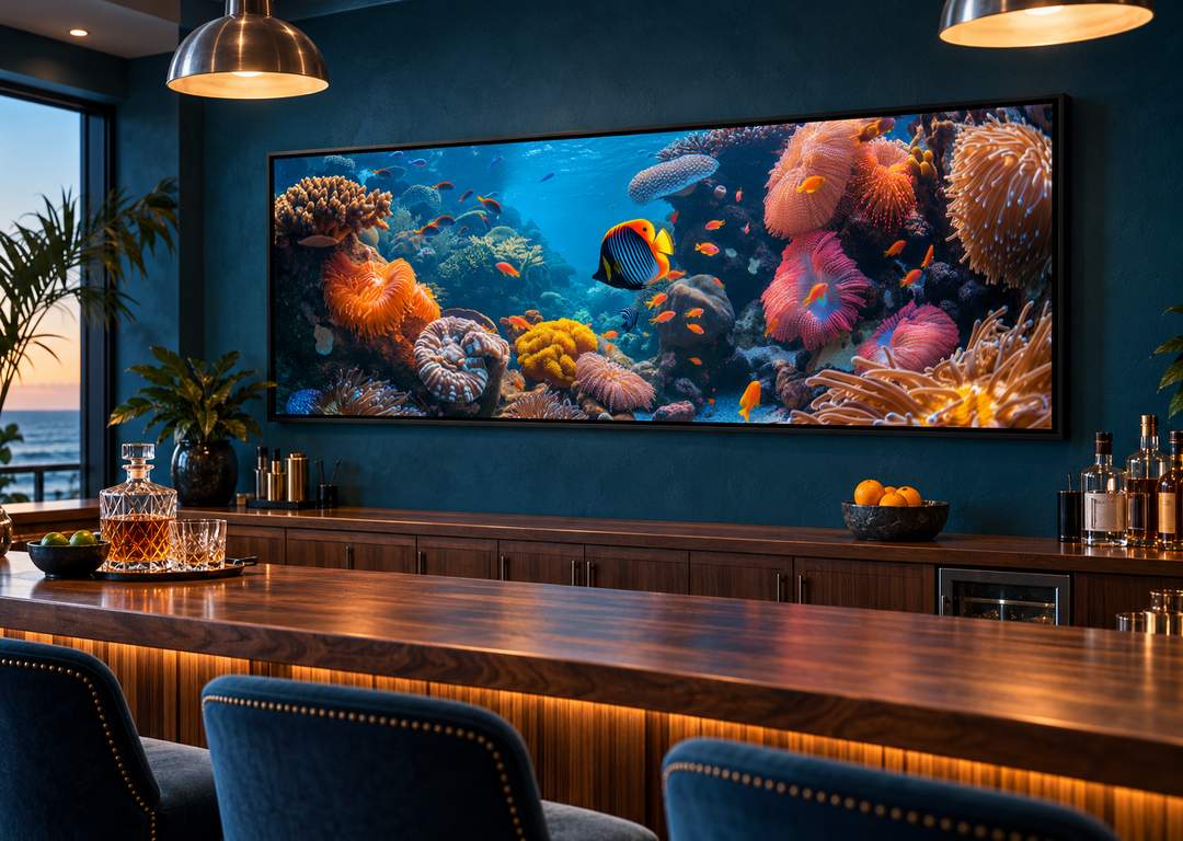 Underwater coral reef narrow horizontal framed canvas wall art above a modern home bar.