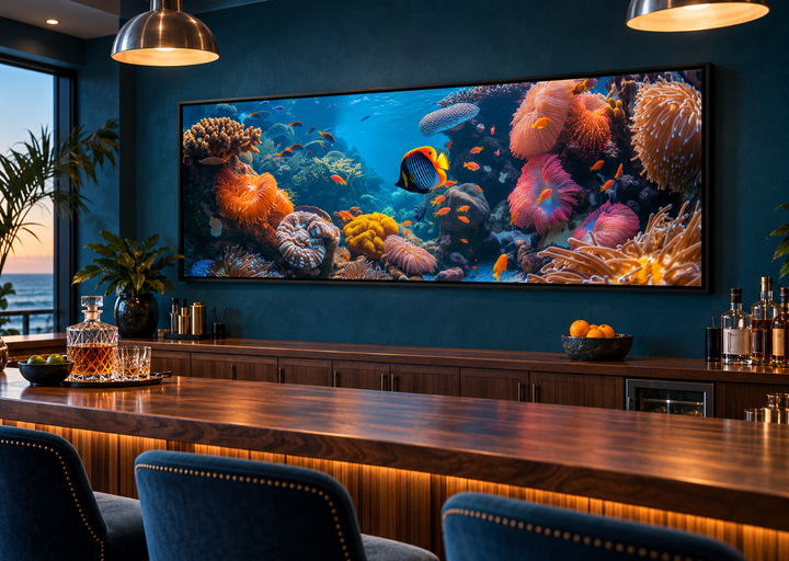 Underwater coral reef narrow horizontal framed canvas wall art above a modern home bar.