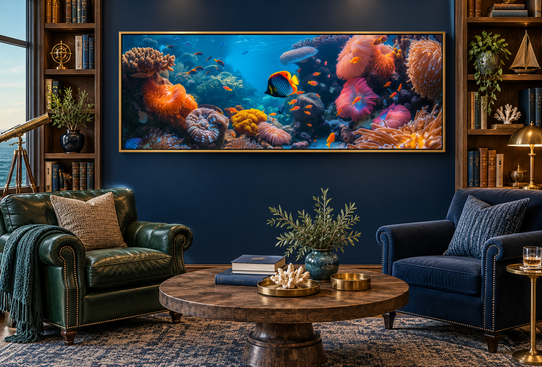 Narrow horizontal framed canvas wall art of a vibrant underwater coral reef with colorful fish.