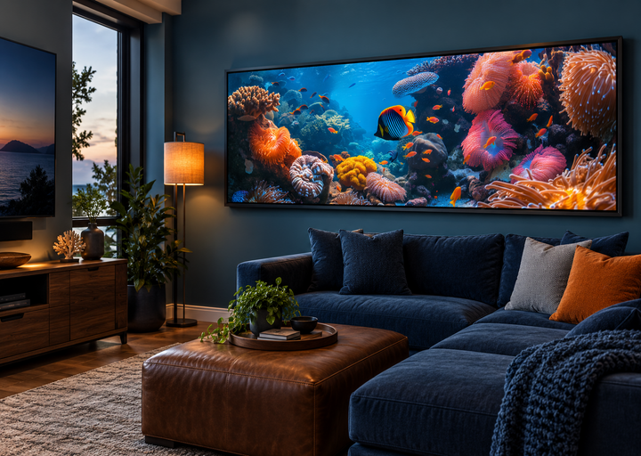 Underwater coral reef narrow horizontal framed canvas wall art hanging above a blue sofa.