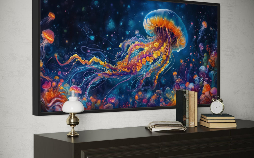 Underwater Scene With With Trippy Jellyfish Framed Canvas Wall Art