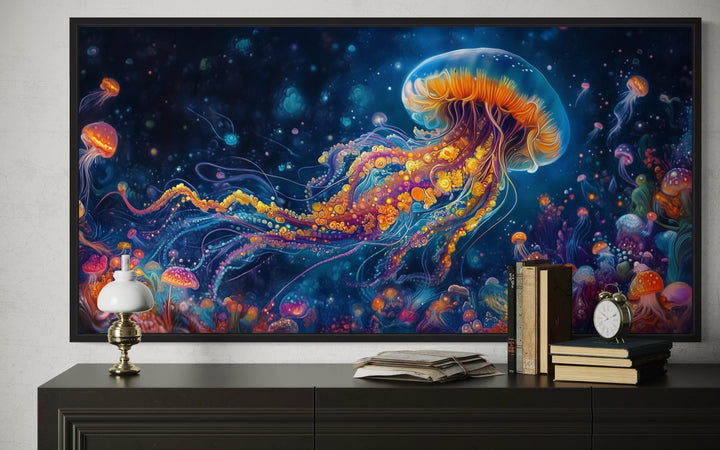 Underwater Scene With With Trippy Jellyfish Framed Canvas Wall Art