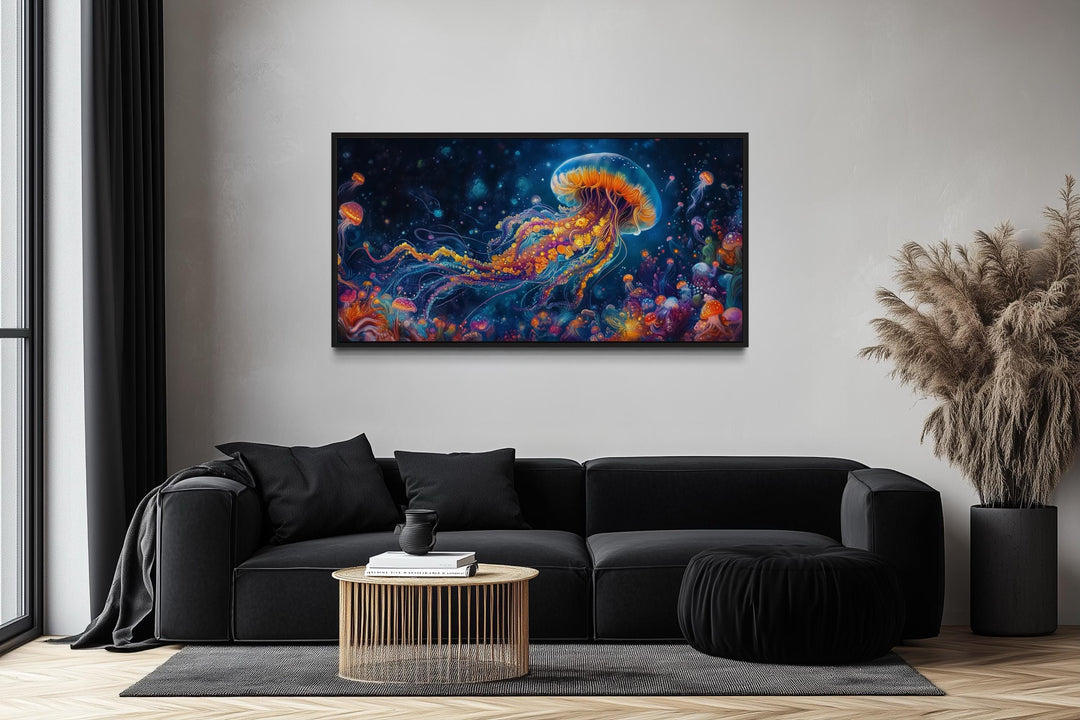 Underwater Scene With With Trippy Jellyfish Framed Canvas Wall Art