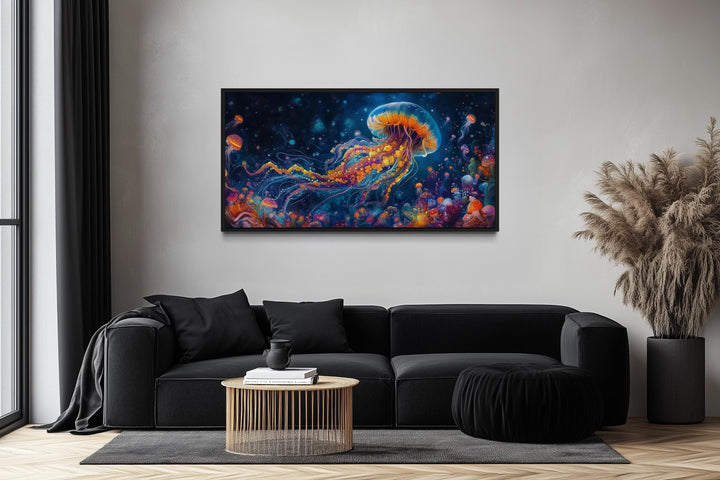 Underwater Scene With With Trippy Jellyfish Framed Canvas Wall Art