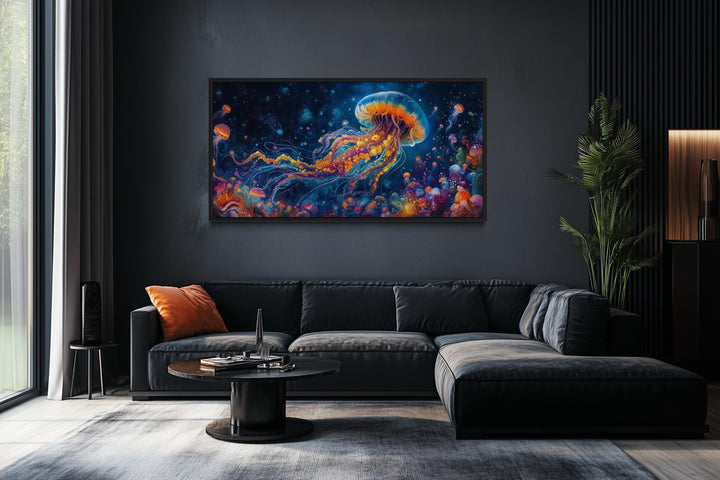Underwater Scene With With Trippy Jellyfish Framed Canvas Wall Art