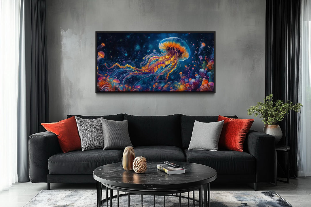 Underwater Scene With With Trippy Jellyfish Framed Canvas Wall Art