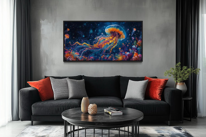 Underwater Scene With With Trippy Jellyfish Framed Canvas Wall Art