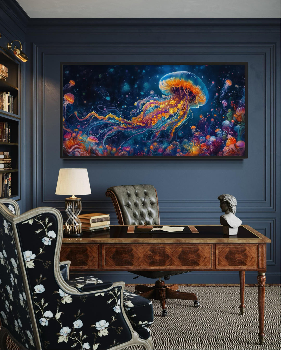 Underwater Scene With With Trippy Jellyfish Framed Canvas Wall Art
