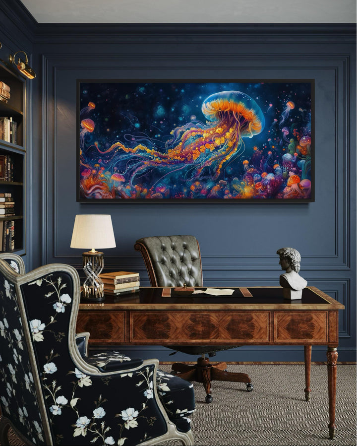 Underwater Scene With With Trippy Jellyfish Framed Canvas Wall Art