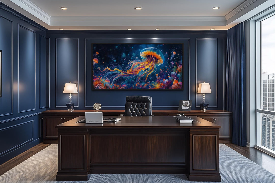 Underwater Scene With With Trippy Jellyfish Framed Canvas Wall Art