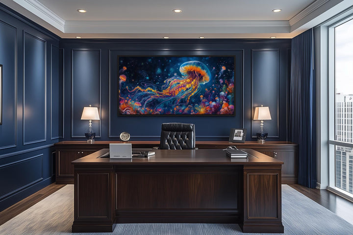 Underwater Scene With With Trippy Jellyfish Framed Canvas Wall Art