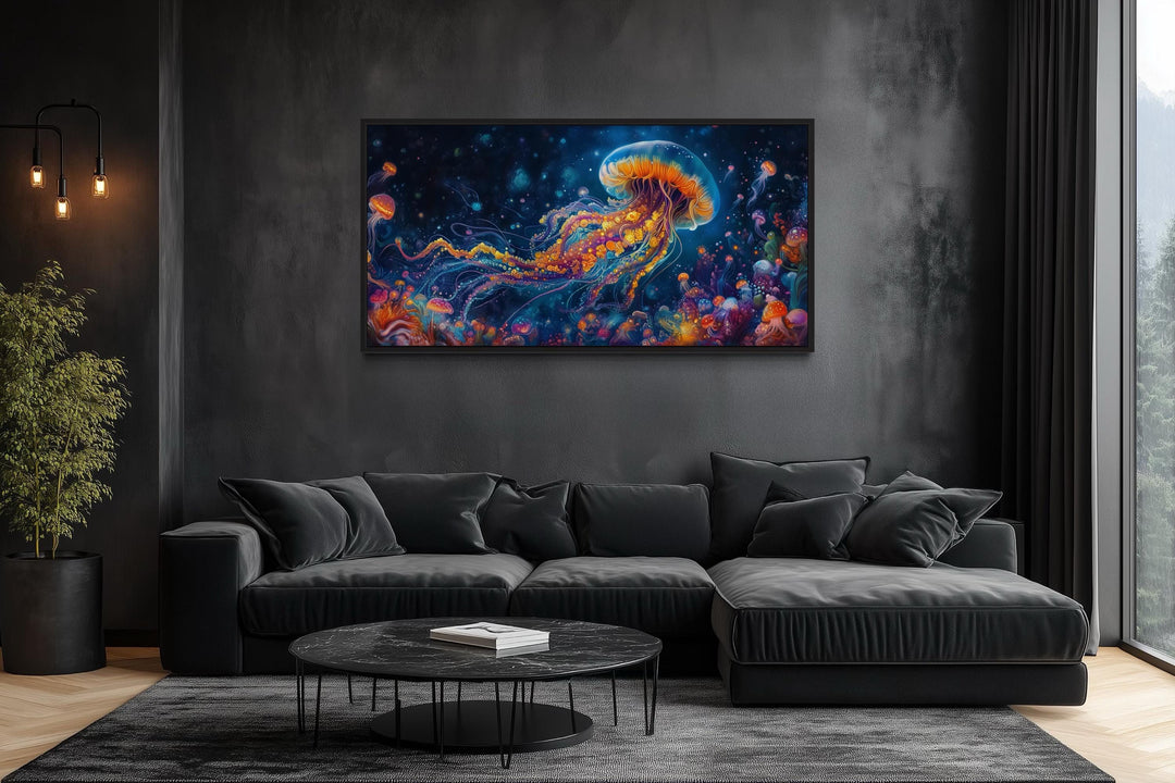 Underwater Scene With With Trippy Jellyfish Framed Canvas Wall Art