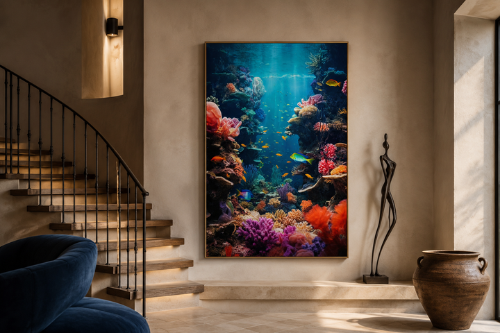 Vertical framed canvas wall art featuring a vibrant underwater coral reef with colorful fish.