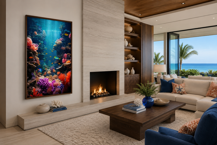 Framed vertical canvas wall art of a vibrant underwater coral reef with colorful fish in a room.