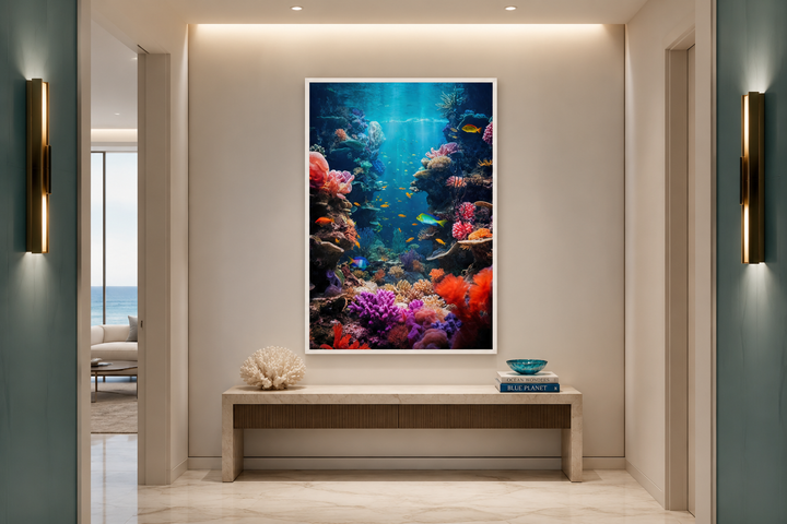 Vertical framed canvas wall art of a vibrant underwater coral reef with colorful tropical fish.
