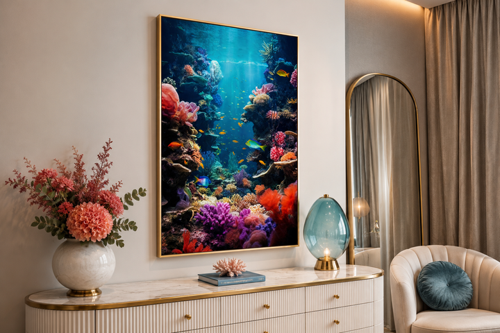 Framed vertical canvas wall art of a vibrant underwater coral reef with colorful tropical fish.