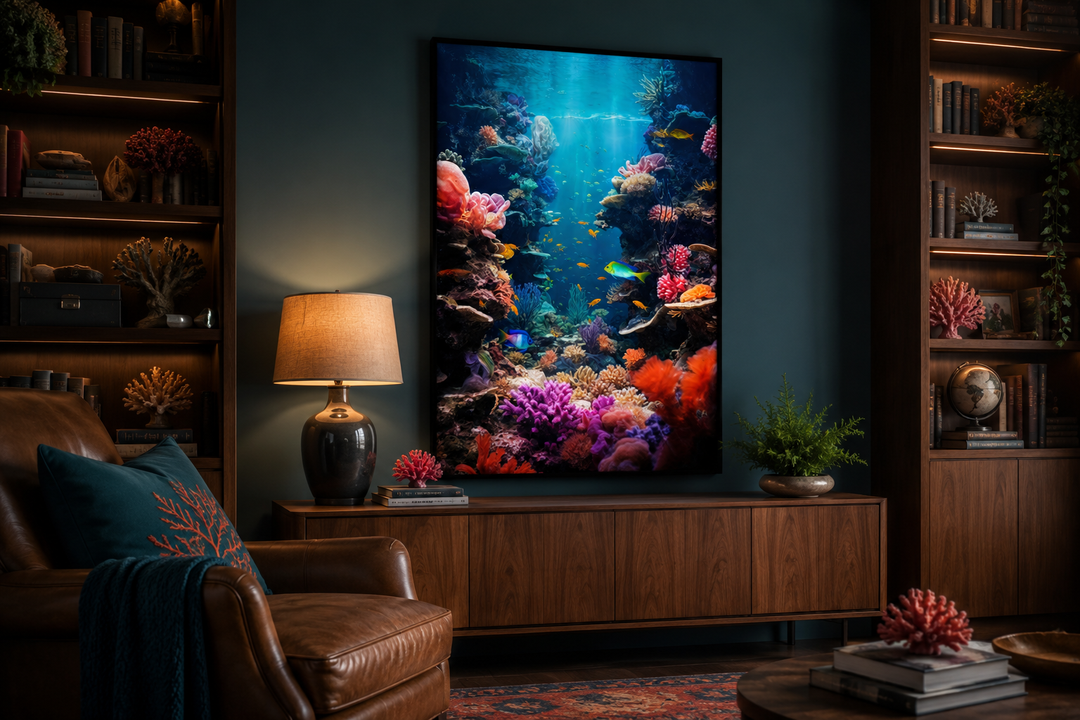 Framed canvas wall art of a vibrant underwater coral reef with colorful fish in a cozy living room.