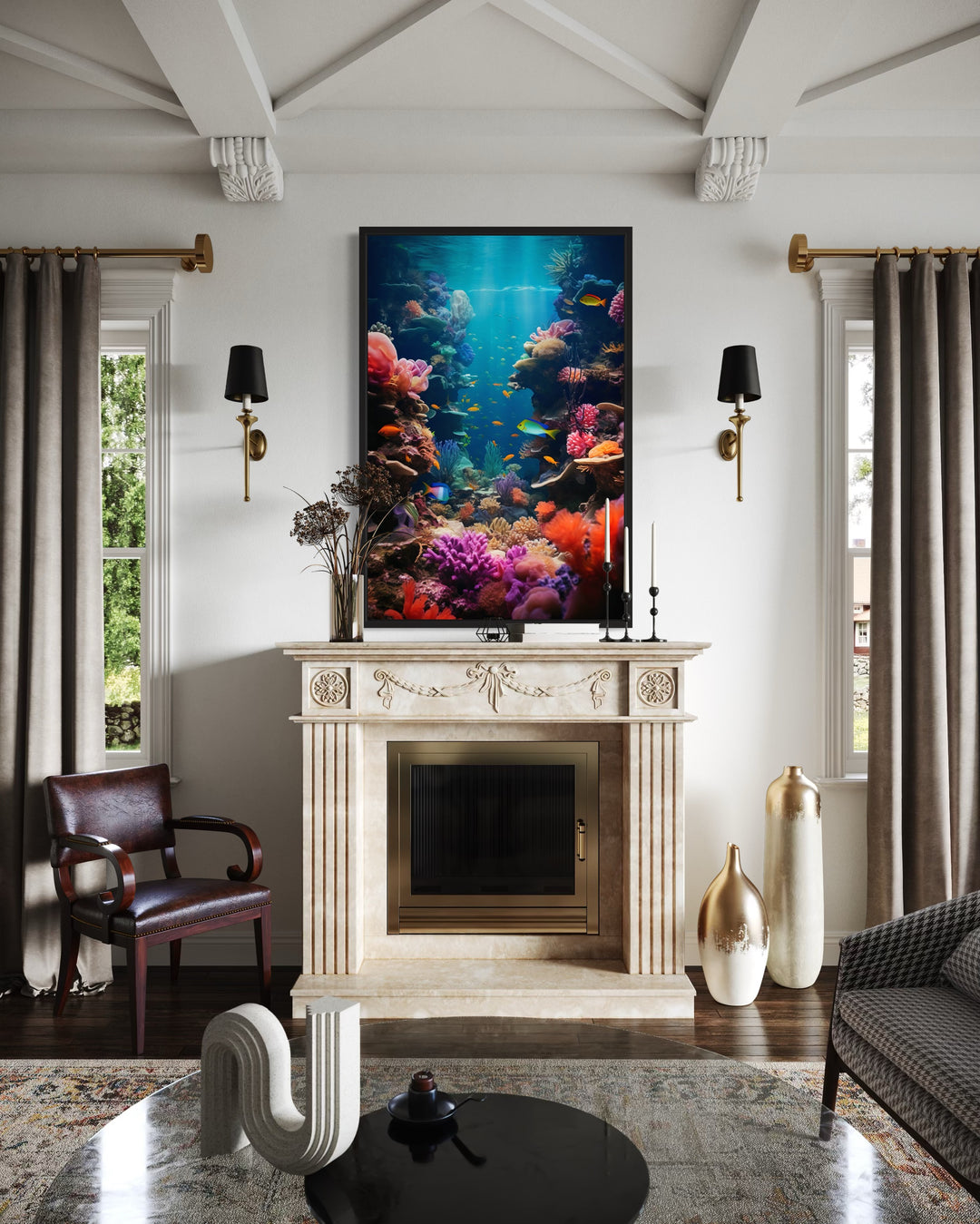 Framed vertical canvas wall art of a vibrant underwater coral reef with colorful tropical fish.