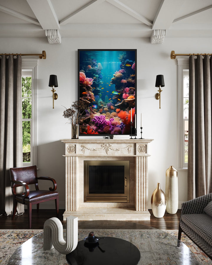 Framed vertical canvas wall art of a vibrant underwater coral reef with colorful tropical fish.