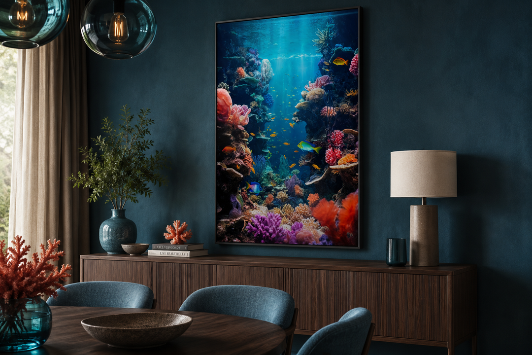 Framed vertical canvas art of a vibrant coral reef with colorful fish on a dark blue wall.