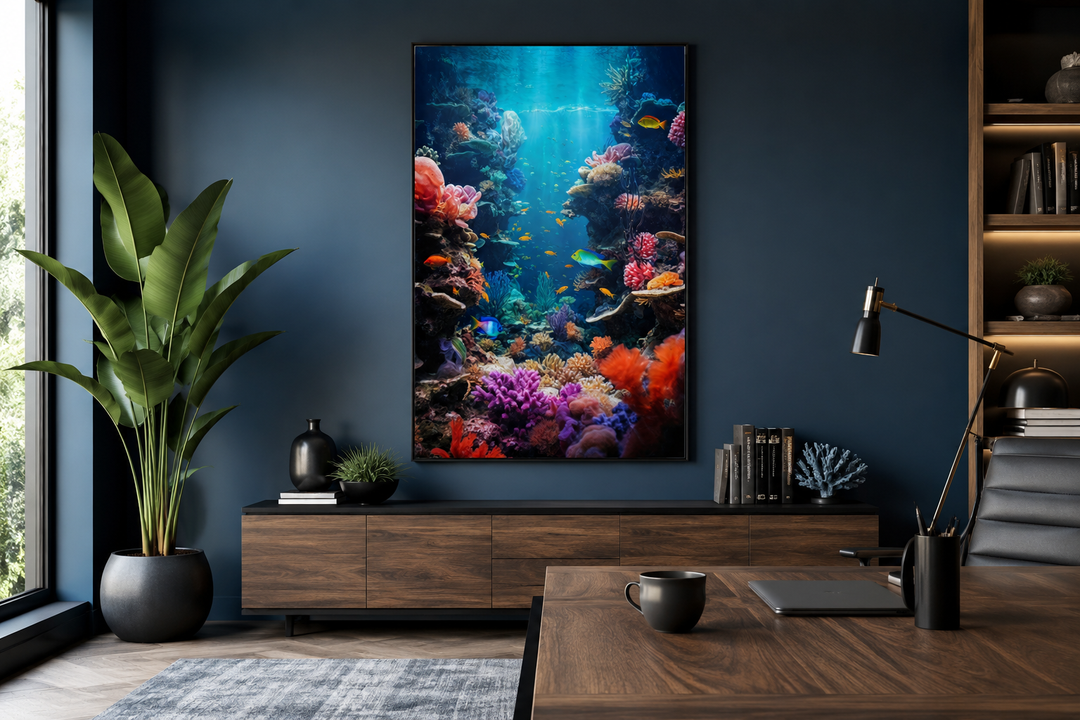 Framed vertical canvas wall art of a colorful underwater coral reef with fish in a modern office.