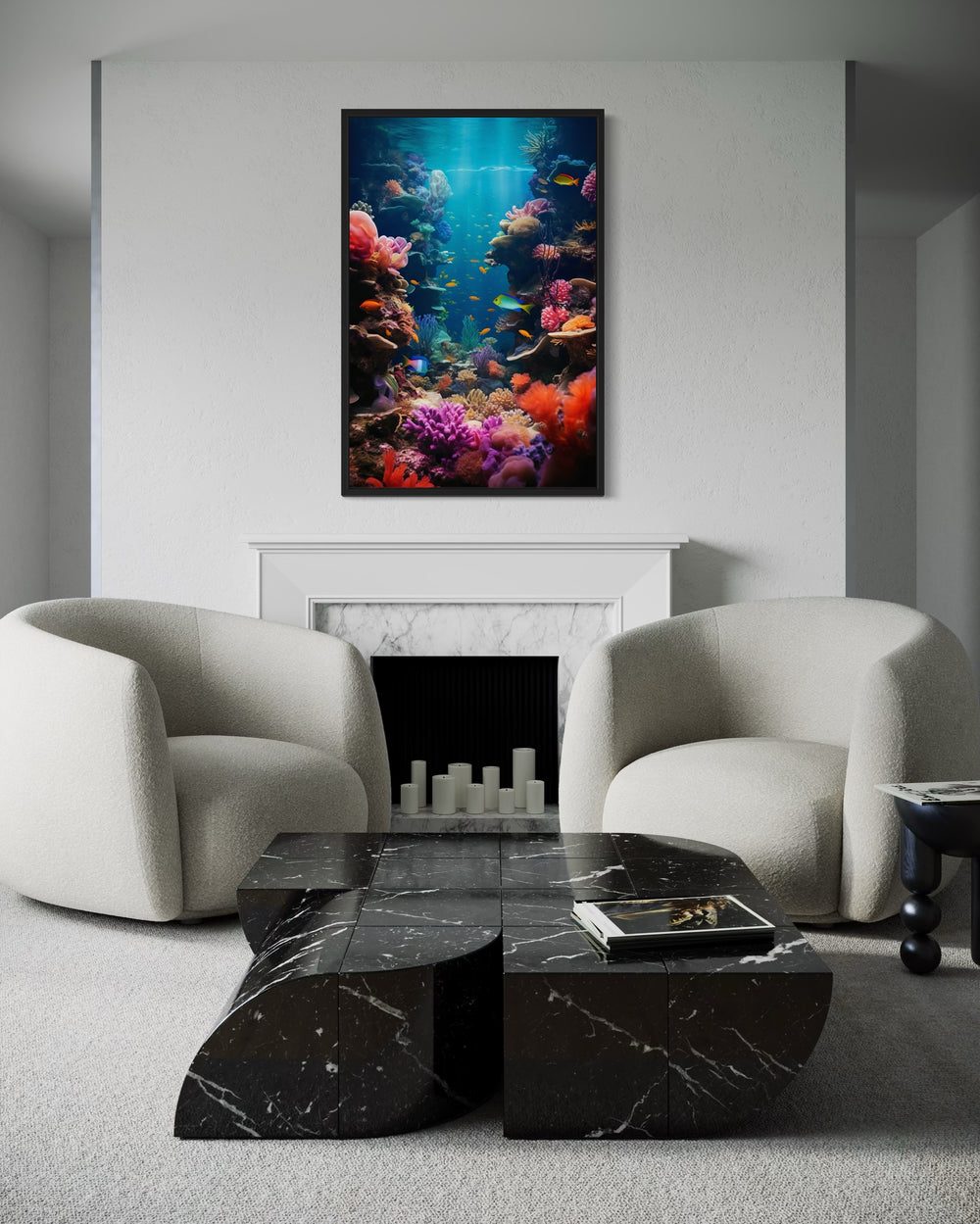 Framed underwater photograph of a coral reef with colorful fish.
