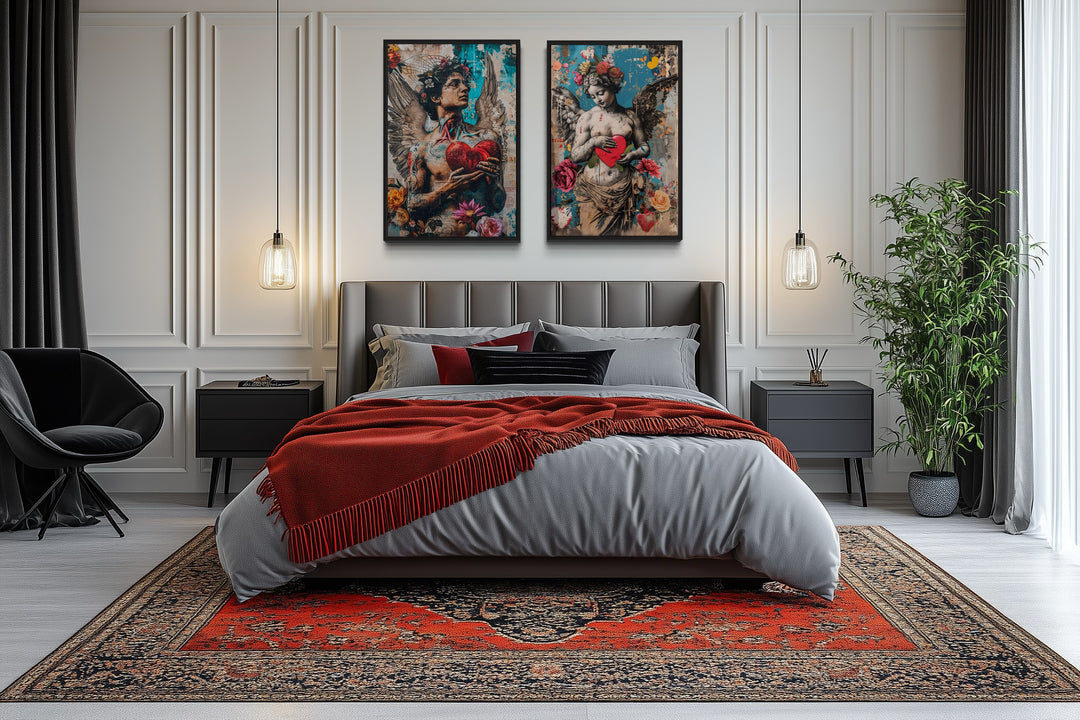 Urban Street Art Style Angels Holding Hearts, Edgy Graffiti Romantic Framed Canvas Wall Art