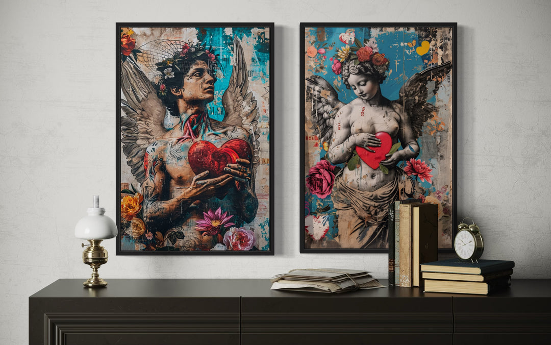 Urban Street Art Style Angels Holding Hearts, Edgy Graffiti Romantic Framed Canvas Wall Art