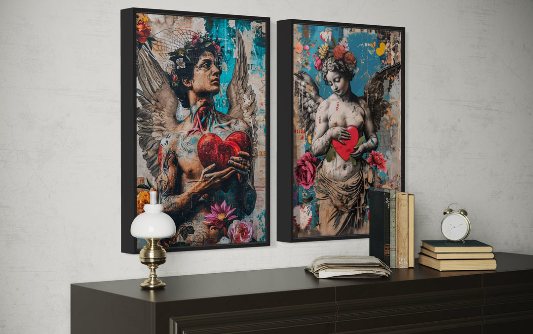 Urban Street Art Style Angels Holding Hearts, Edgy Graffiti Romantic Framed Canvas Wall Art