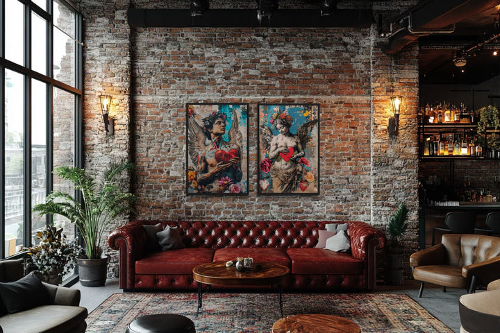 Urban Street Art Style Angels Holding Hearts, Edgy Graffiti Romantic Framed Canvas Wall Art