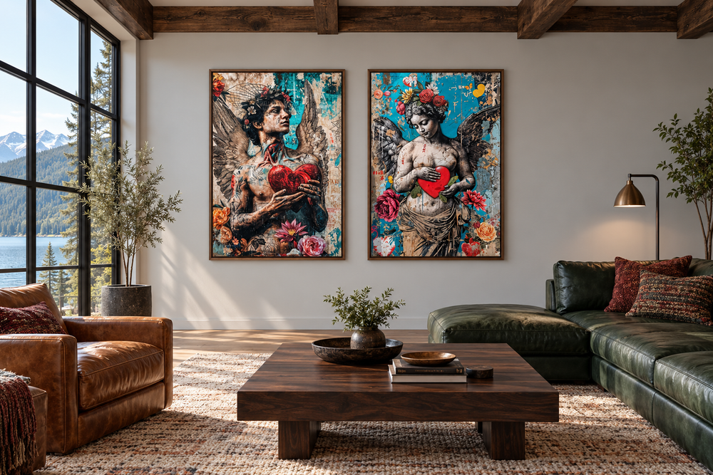 Two framed urban street art canvases of angels holding red hearts in a modern living room.