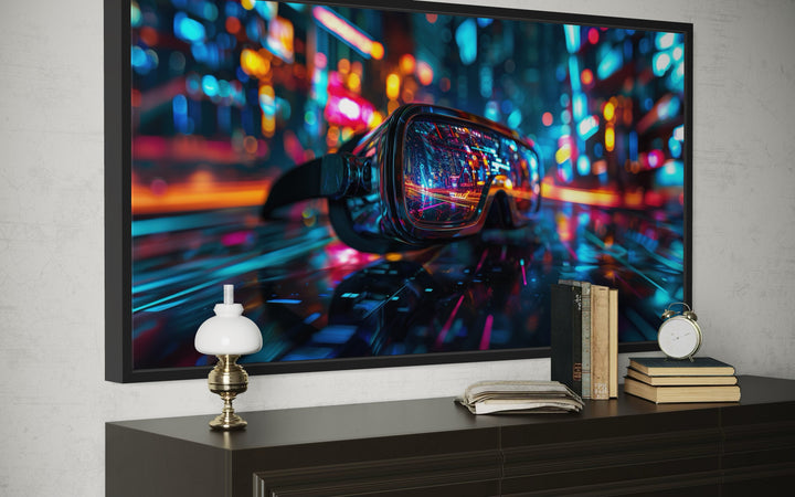 Futuristic VR goggles canvas wall art with neon lights displayed above a dark wood dresser.
