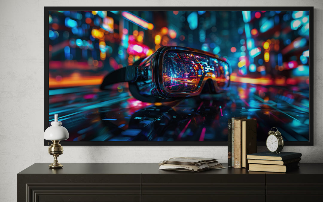 Futuristic VR goggles canvas wall art with vibrant neon lights displayed above a dark wood dresser.
