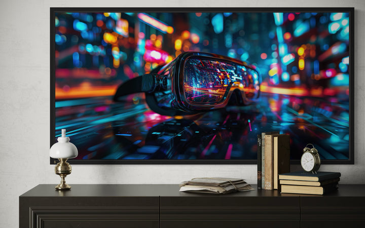 Futuristic VR goggles canvas wall art with vibrant neon lights displayed above a dark wood dresser.