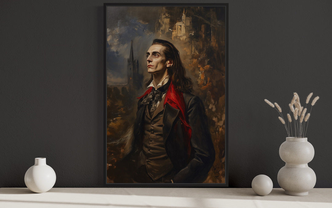Gothic framed canvas art of a vampire near his castle.