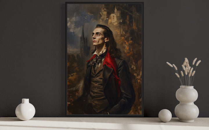 Gothic framed canvas art of a vampire near his castle.