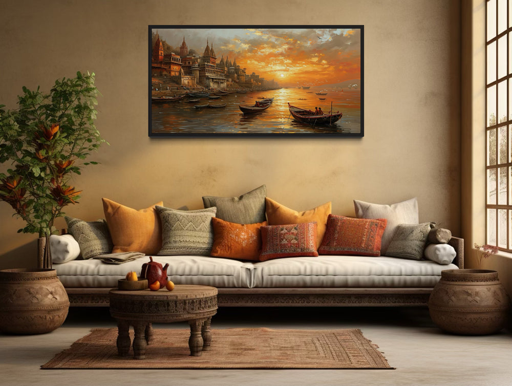 Varanasi Wall Art - Indian Canvas Art Featuring Ganges River Sunset for Spiritual Home Decor